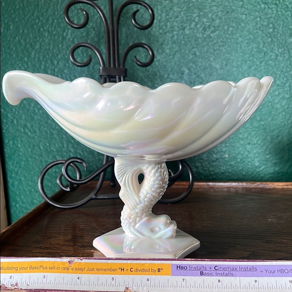 Vintage Westmoreland opalescent milk glass dolphin bowl compote footed. - Picture 2 of 5